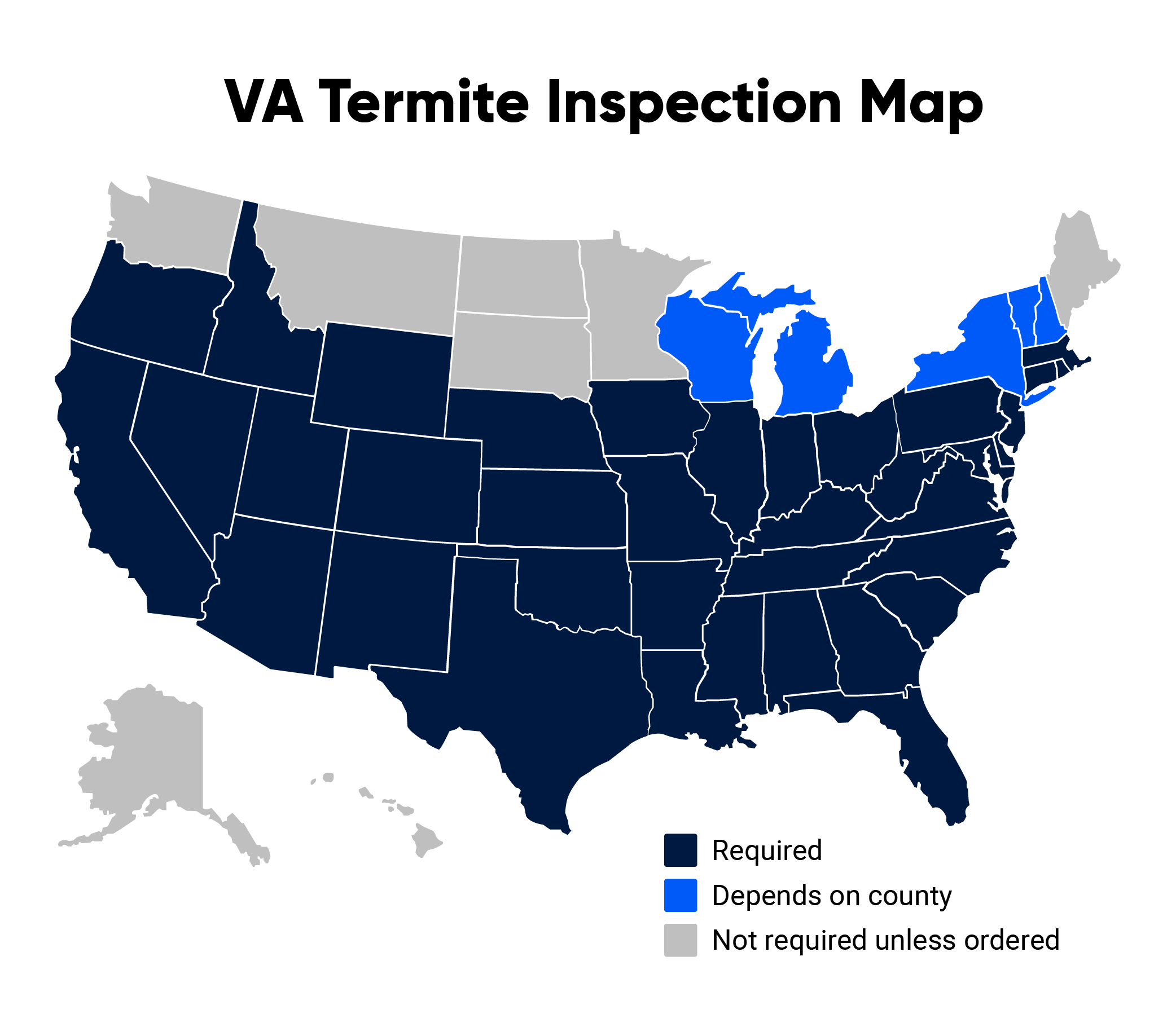 U.S. map showing which states require termite and pest inspections for a VA loan.
